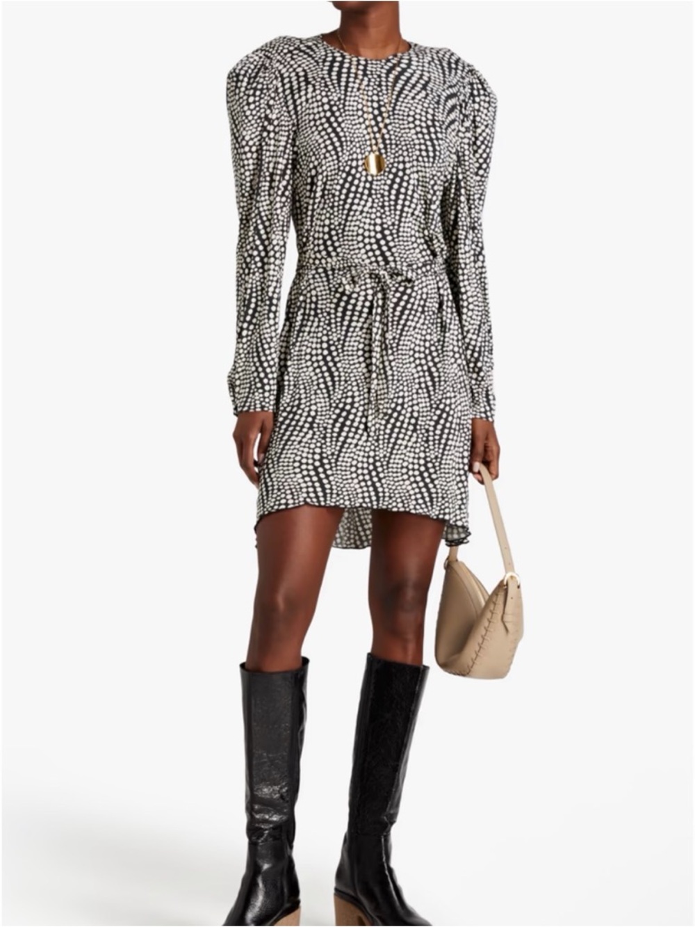 NWT Isabel Marant Telen Black & White Dot Print Tie-Waist Jersey Mini Dress 34